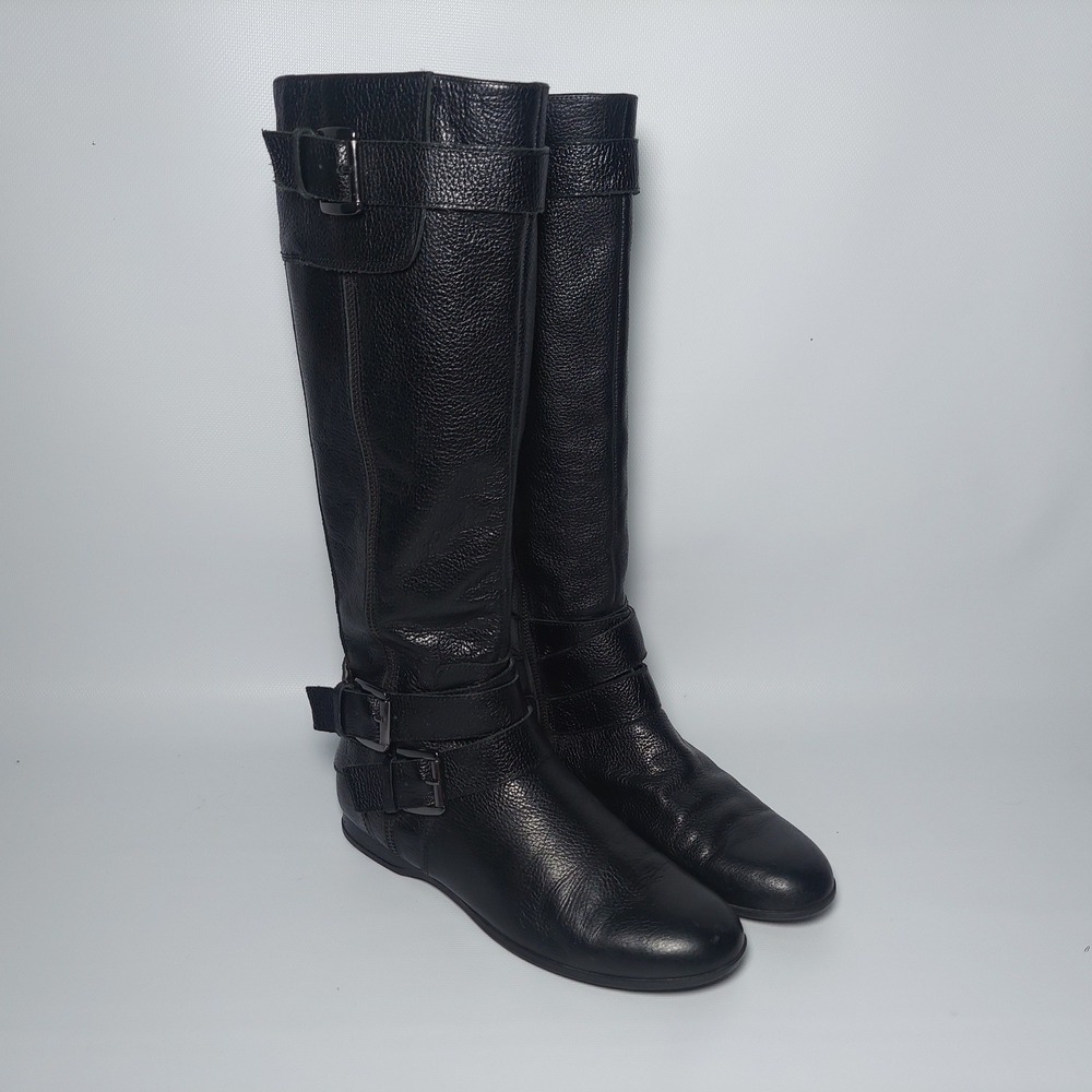 Enzo Angiolini Leather Boots Women 7.5 Black Calf High Riding Buckle Zip Fashion